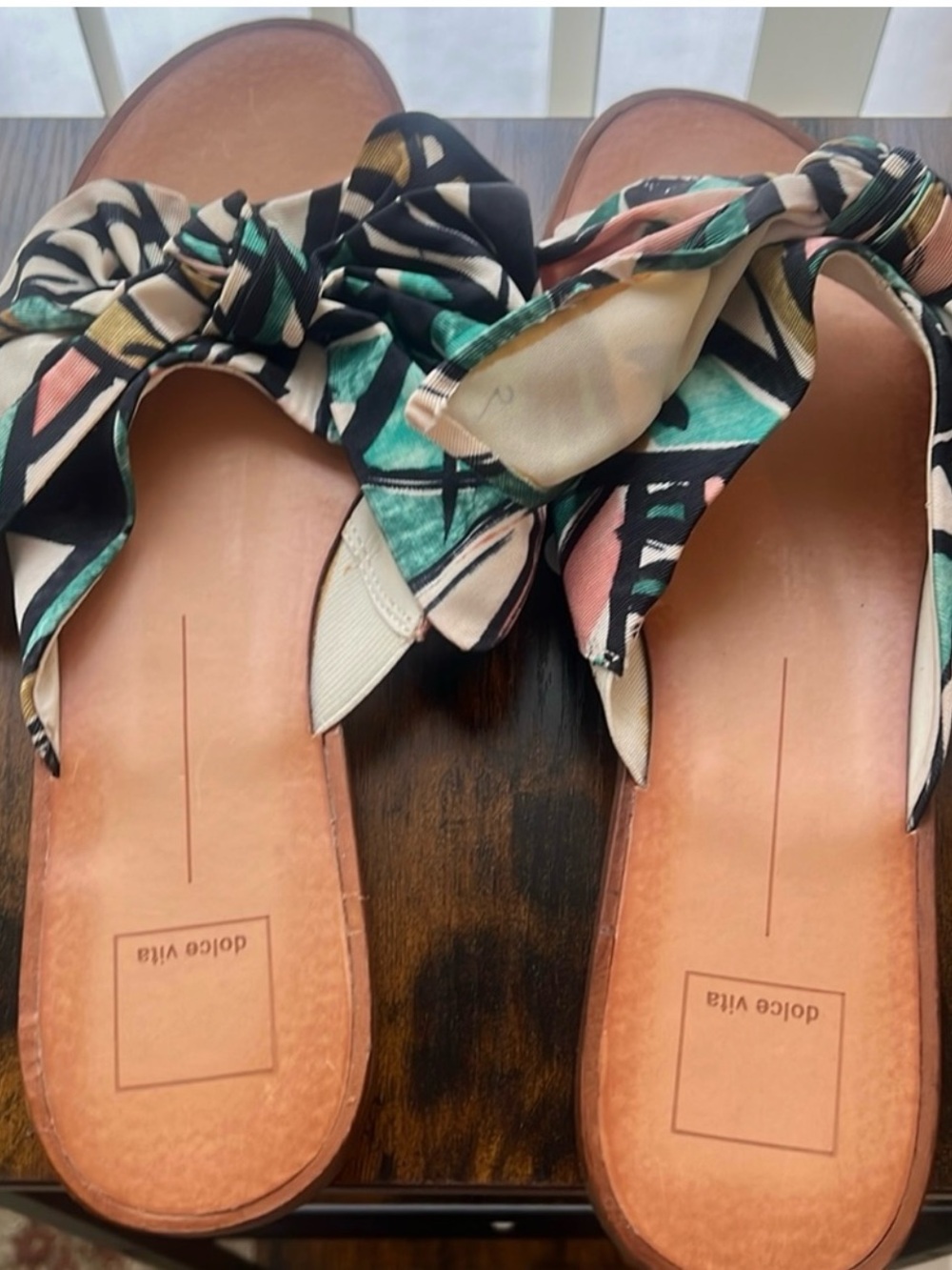 Dolce Vita Multicolor Bow Slide Sandals in Green, Pink and Black